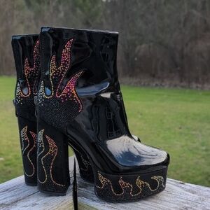 Y2K, Grunge, Azalea Wang Black and Multicolor Flame Platform Boots